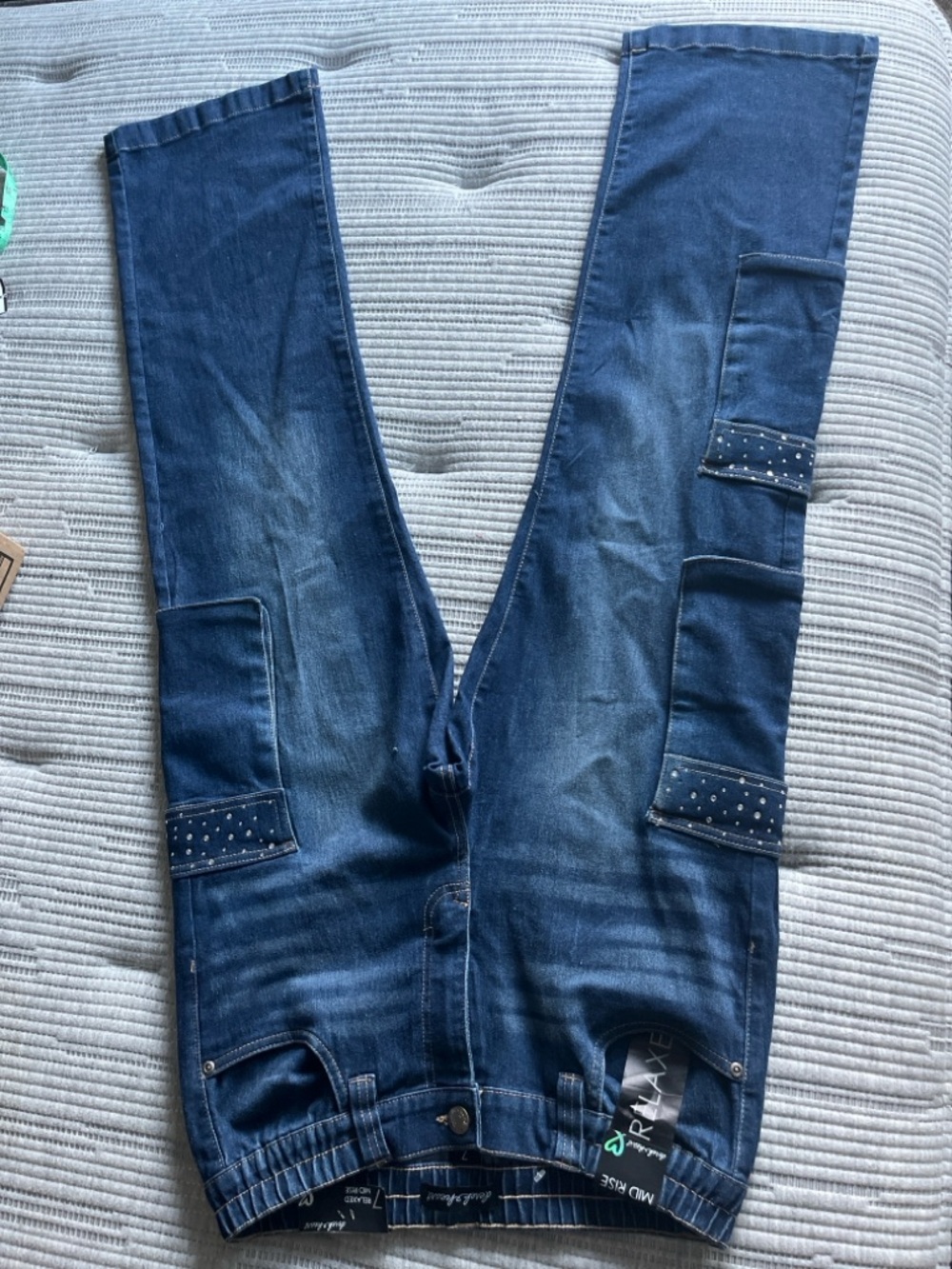 Derek Heart Dark Blue Straight Leg Jeans with Studded Cargo Pockets